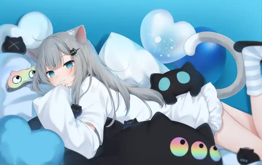 4k猫羽雫壁纸 - 蓝眼睛 - 动漫女孩 - 猫耳猫尾装「哲风壁纸」