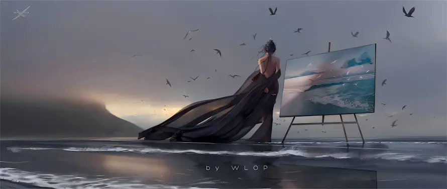 10kWLOP壁纸-女子作画与海边场景-艺术氛围「哲风壁纸」