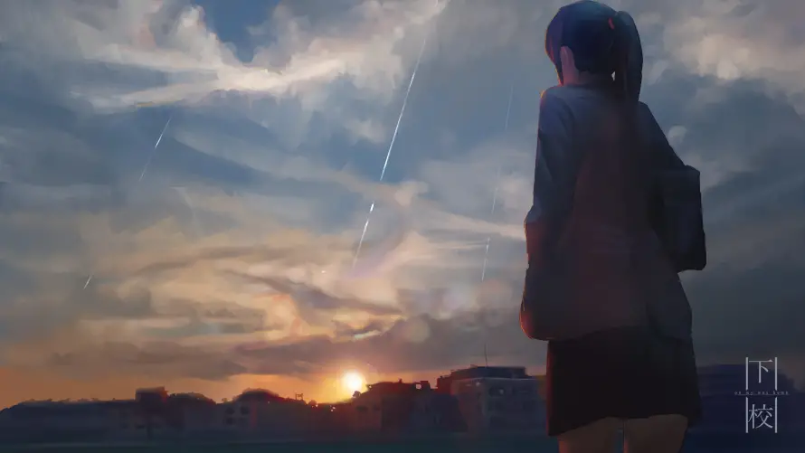 4k动漫壁纸 - 夕阳 - 少女 - 星空「哲风壁纸」