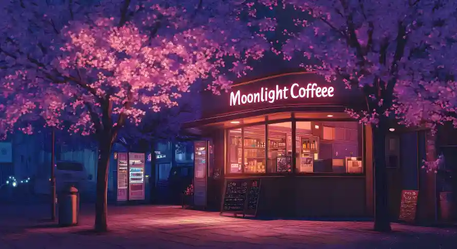 4k咖啡壁纸 - 夜景 - 樱花 - 氛围「哲风壁纸」
