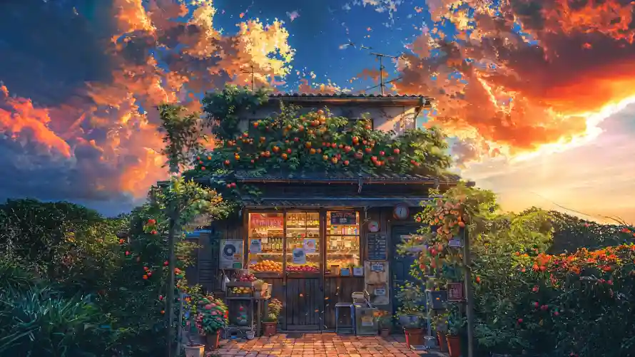 4k夕阳壁纸-梦幻小屋与插画-橘子小店壁纸分享「哲风壁纸」