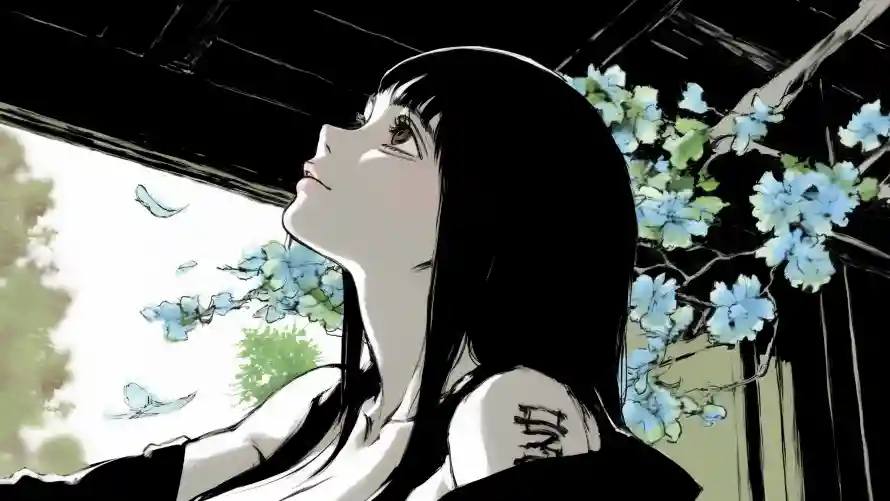 3k动漫壁纸-仰头少女壁纸和蓝花-热门的壁纸「哲风壁纸」