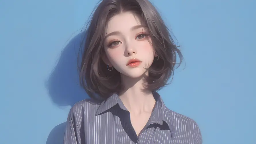 4k少女壁纸 - 清新 - 短发 - 蓝背景「哲风壁纸」
