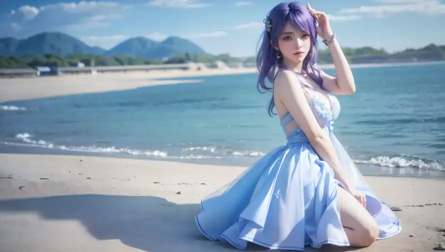 4k沙滩壁纸 - 海景 - 海边 - 紫发美女「哲风壁纸」