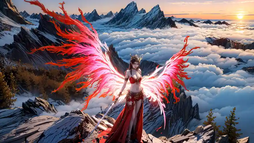 4k美杜莎壁纸-云海山峰与动漫角色-奇幻场景「哲风壁纸」
