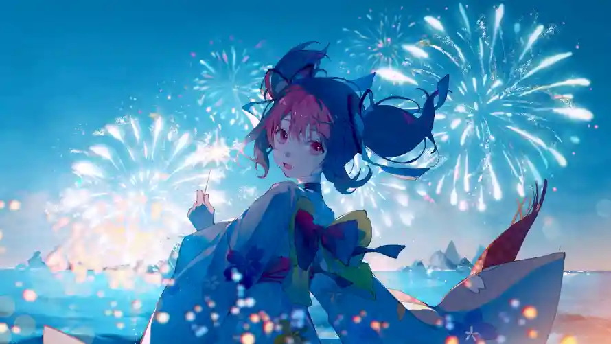 4k动漫壁纸 - 场景 - 少女 - 烟花「哲风壁纸」