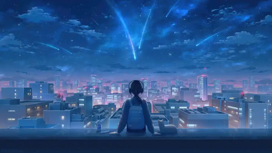4k动漫壁纸 - 城市 - 夜景 - 女孩「哲风壁纸」