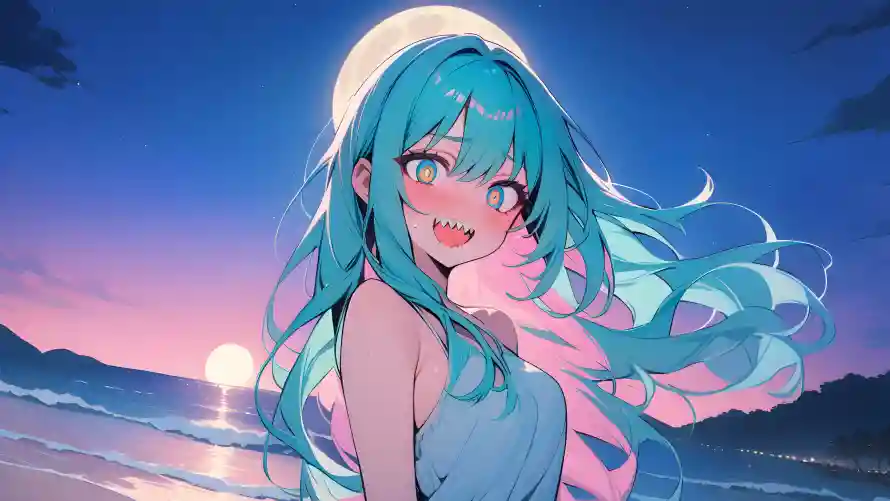 4kAI壁纸 - 少女 - 月夜 - 海边「哲风壁纸」