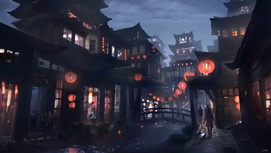 2k夜景壁纸-中式建筑 - 小镇-古街夜色壁纸分享「哲风壁纸」