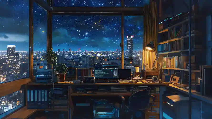 4k书房壁纸 - 书桌 - 星空 - AI扩图「哲风壁纸」