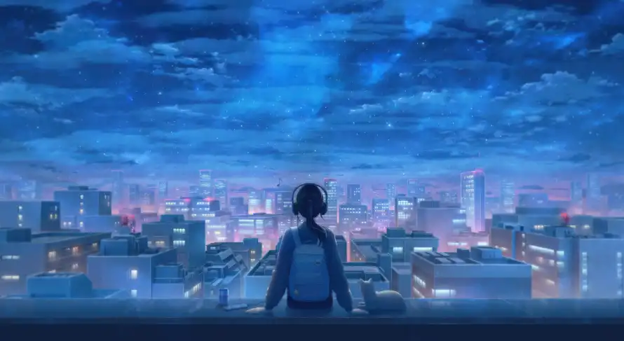 4k动漫壁纸 - 夜景 - 意境 - 人物背影「哲风壁纸」