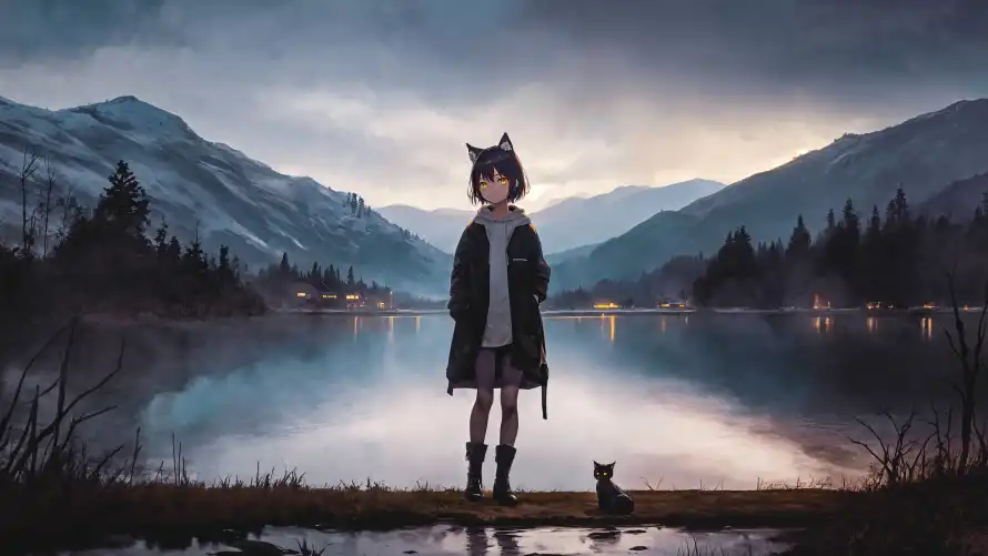 4k动漫壁纸-二次元和动漫插画-少女与猫「哲风壁纸」
