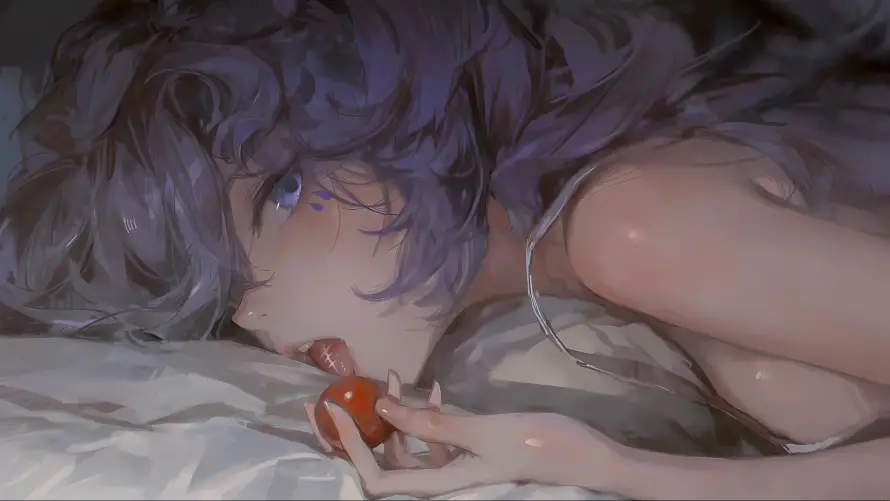 4k紫色壁纸 - 美女 - 卧室侧卧场景 - 手持鲜果美女「哲风壁纸」 4k紫色壁纸 - 美女 - 卧室侧卧场景 - 手持鲜果美女「哲风壁纸」