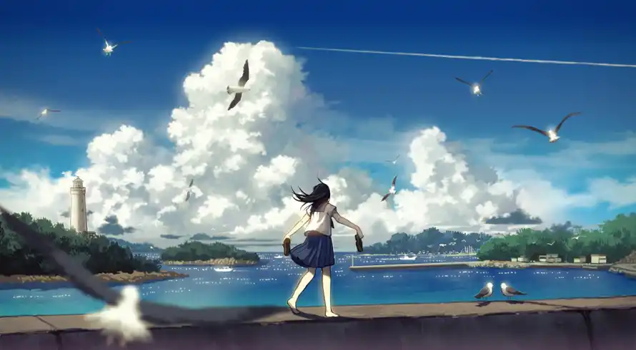 4k女孩壁纸 - 二次元 - 堤坝场景 - 少女背影「哲风壁纸」