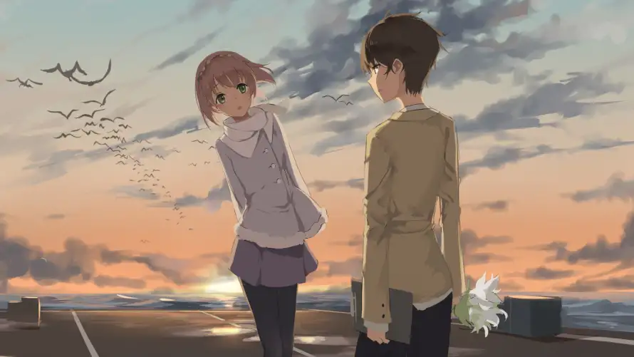 4k动漫人物壁纸 - 情侣背影 - 飞鸟背景 - 黄昏海边「哲风壁纸」