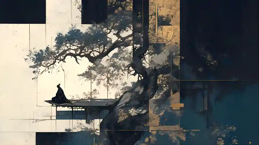 4k水墨画壁纸 - 孤寂氛围 - 建筑背景 - 悬崖场景「哲风壁纸」