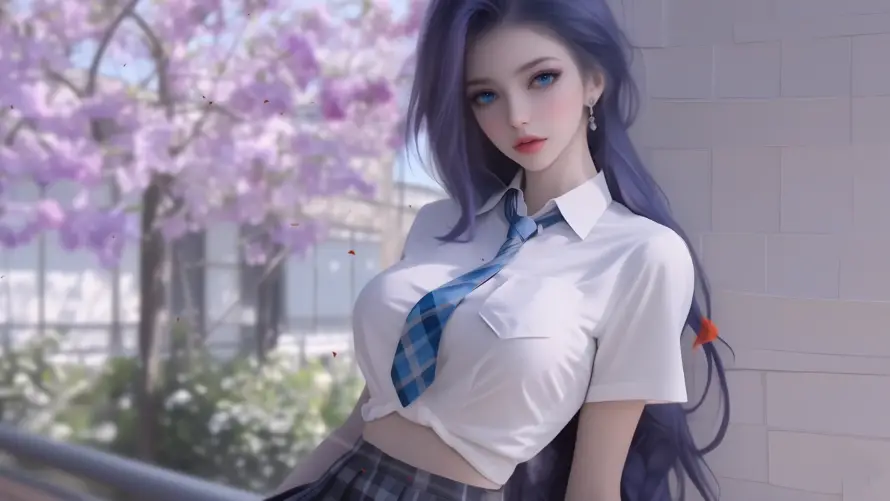 4k女神壁纸 - 学姐 - 蓝发 - 校园风「哲风壁纸」