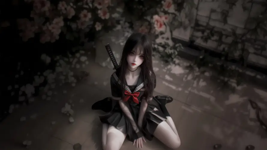 4k哥特风壁纸-暗黑系 - 少女剑客-蔷薇背景「哲风壁纸」