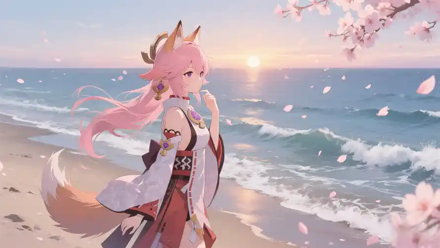 4k原神壁纸 - 夕阳 - 樱花 - 海景「哲风壁纸」