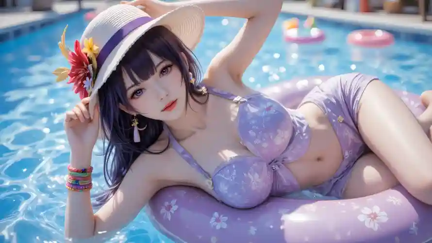 2k泳衣壁纸-夏日浮圈 - 紫色-少女泳装免费下载「哲风壁纸」