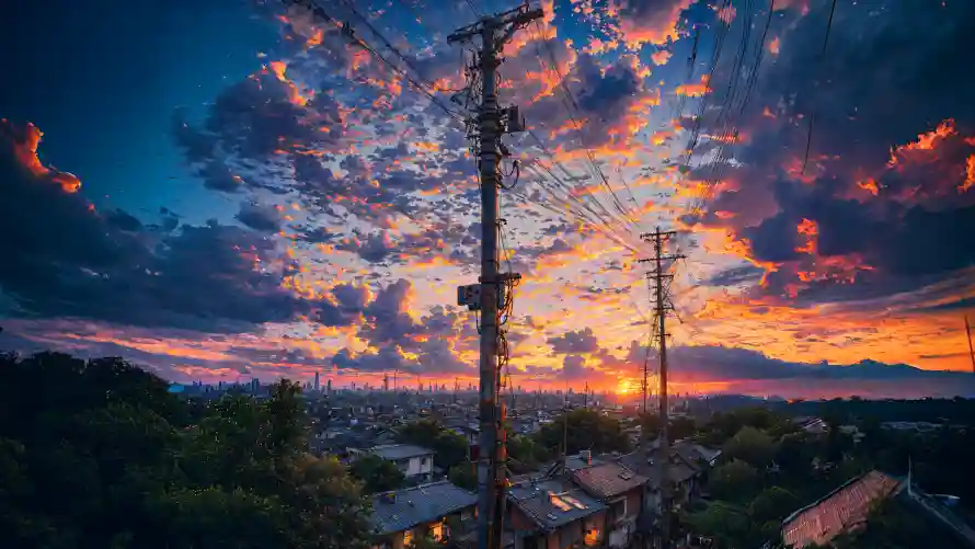 4k夕阳壁纸-火烧云和小镇-夕阳小镇免费下载「哲风壁纸」
