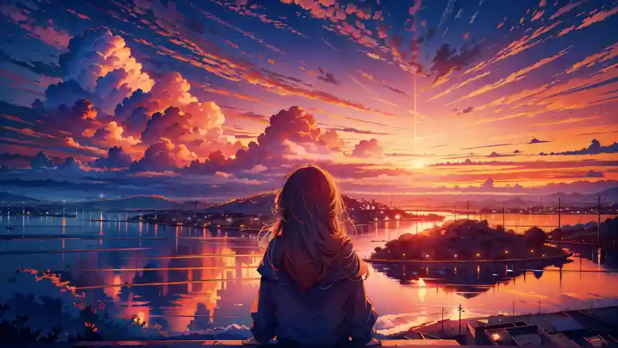 4k夕阳壁纸 - 湖面 - 背影 - 火烧云「哲风壁纸」