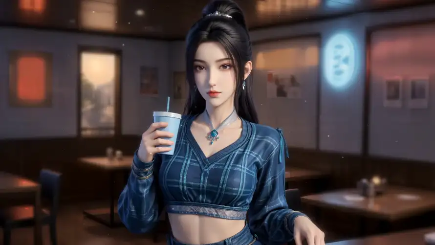 2k美女壁纸-奶茶店和少女形象-店内场景「哲风壁纸」