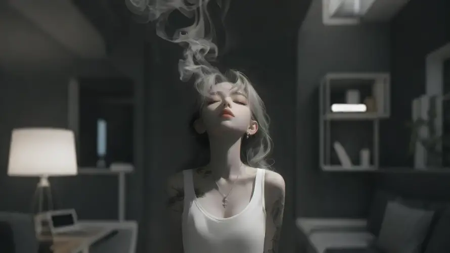 4k烟雾壁纸-吸烟有害 - 室内背景-插画美女「哲风壁纸」