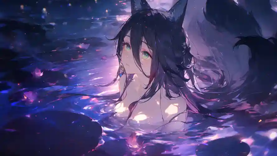 4k泳池壁纸-夜间泳池与少女插画-梦幻场景「哲风壁纸」