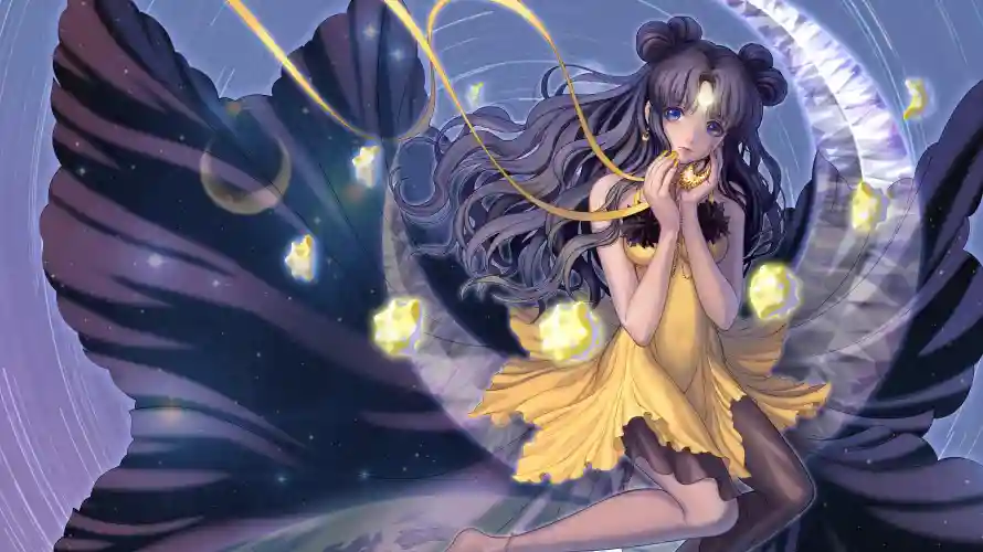 2k星空壁纸-美少女与月亮-黄色连衣裙壁纸推荐「哲风壁纸」