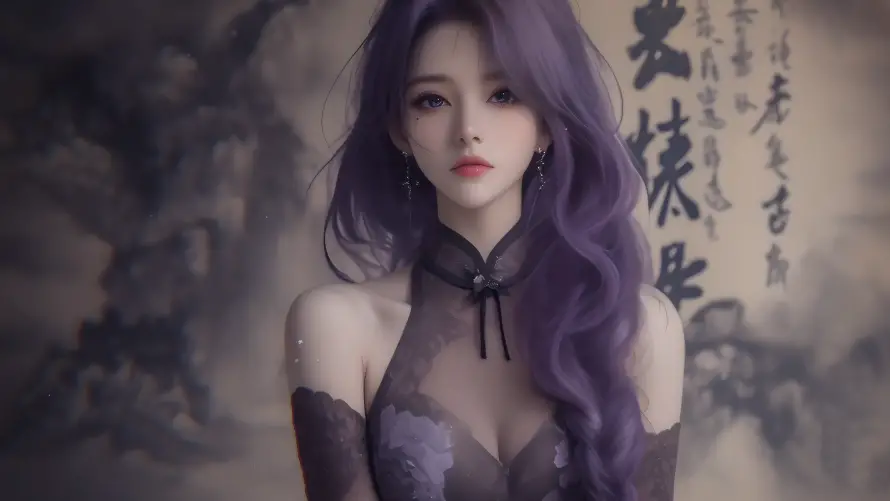 4kAI壁纸 - 紫发美女 - 水墨风插画 - 东方幻想风格「哲风壁纸」