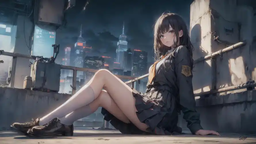 4k夜景壁纸 - 天台 - 少女 - 科幻「哲风壁纸」