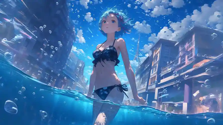 4k动漫插画壁纸-夏日场景和水下城市-泳装少女「哲风壁纸」
