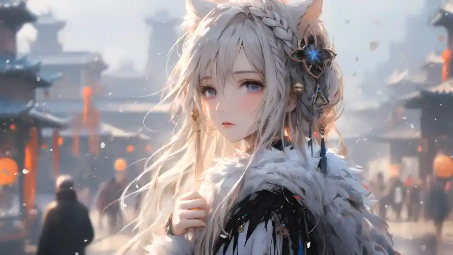 4k古风壁纸 - 少女 - 白狐 - 雪景「哲风壁纸」