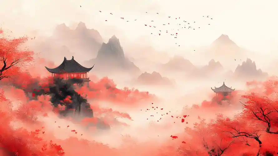 4k中式意境壁纸 - 丹枫古亭 - 云雾飞鸟 - 国风山水「哲风壁纸」 4k中式意境壁纸 - 丹枫古亭 - 云雾飞鸟 - 国风山水「哲风壁纸」