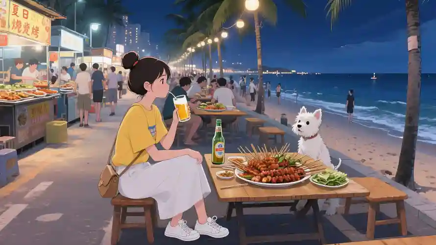 5k夏天休闲壁纸-夜晚海滩与宠物小狗-海边烧烤「哲风壁纸」