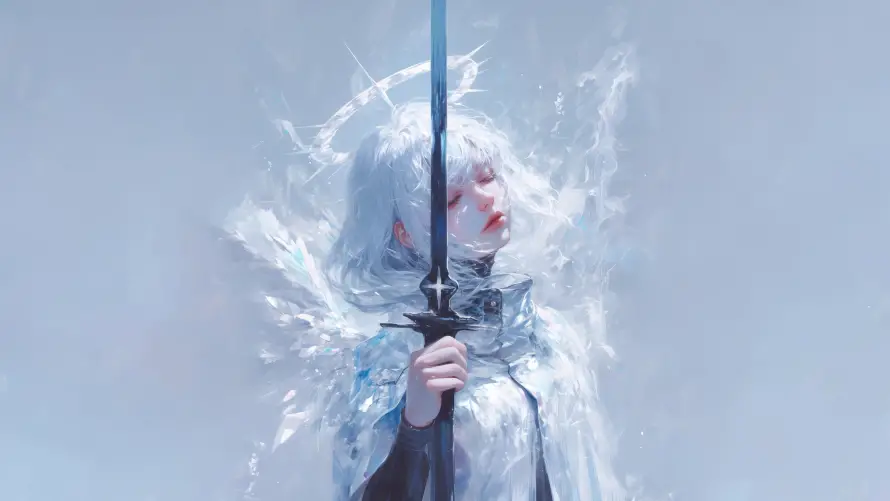 4k执剑壁纸-圣洁插画与天使剑士-奇幻少女「哲风壁纸」