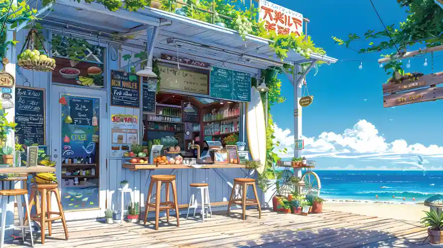 3k夏日壁纸-咖啡屋和夏日海边-木质建筑「哲风壁纸」