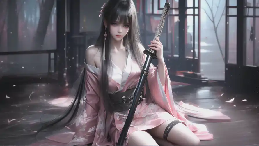 4k东方美学壁纸-古风角色和武器特写-武士少女「哲风壁纸」