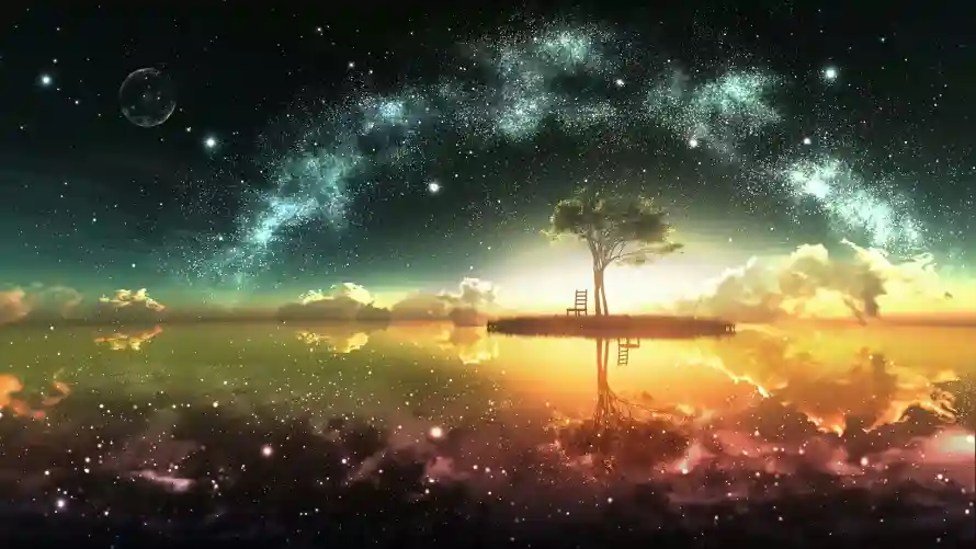 2k奇幻壁纸-天际倒影壁纸和星空-晨曦树影热门的壁纸「哲风壁纸」