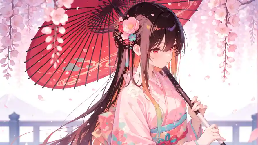 4k樱花壁纸 - 美女 - 樱花伞 - 东方美学「哲风壁纸」