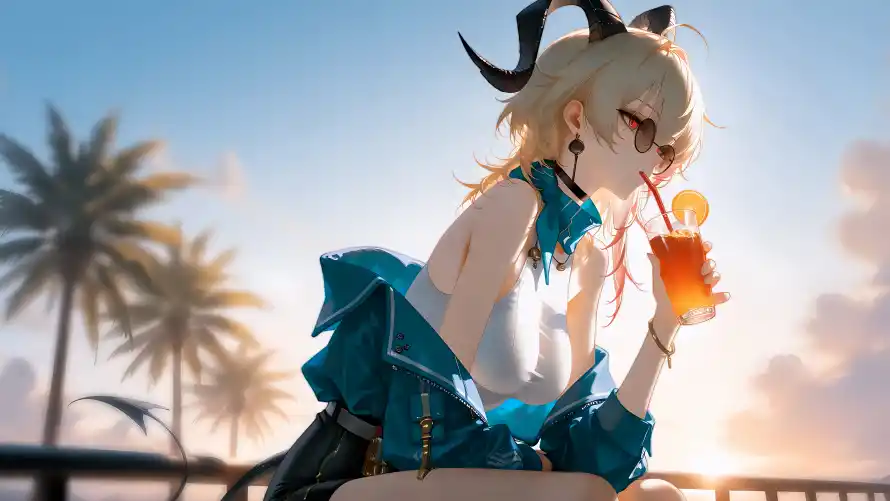 8k墨镜女孩壁纸-夏日冰饮和恶魔之角-墨镜美少女「哲风壁纸」