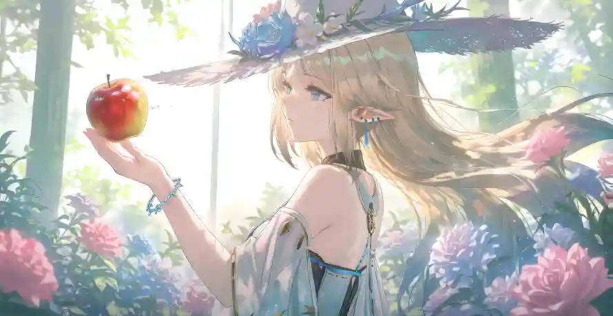4k少女壁纸 - 阳光 - 宽边花帽 - 手持苹果「哲风壁纸」