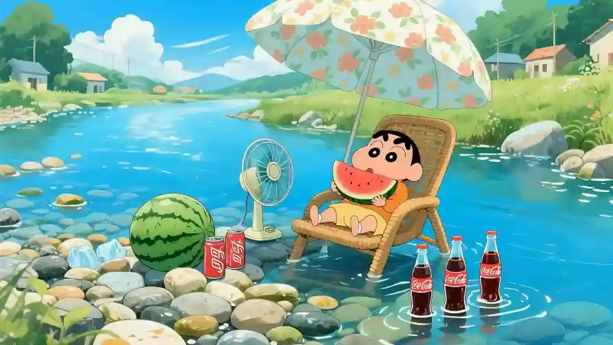 4k卡通插画壁纸-夏日动漫 - 清凉场景-溪水乘凉「哲风壁纸」