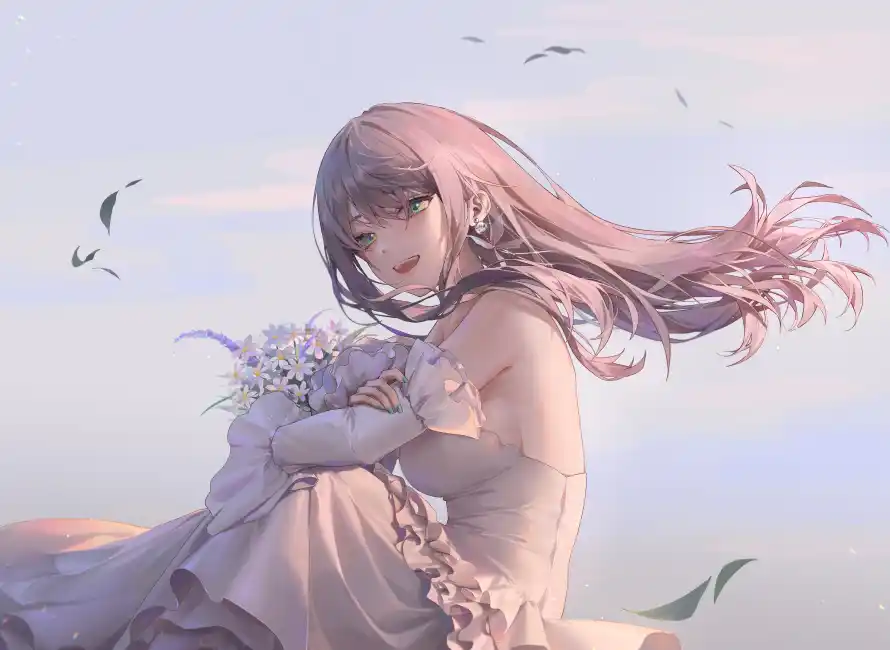5k婚礼壁纸-动漫少女和捧花-天空背景免费下载「哲风壁纸」