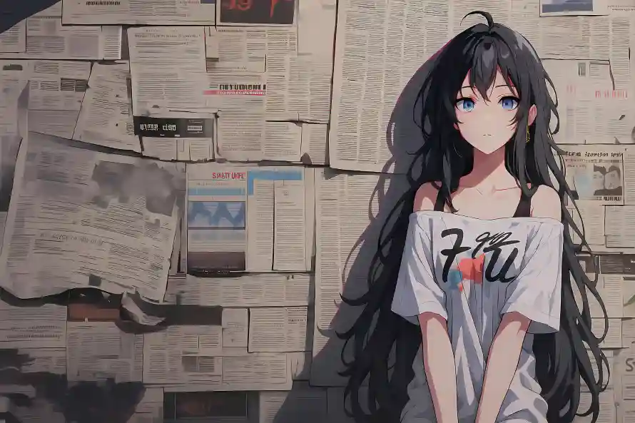 3k个性穿搭壁纸-报纸背景与长发少女-露肩穿搭「哲风壁纸」