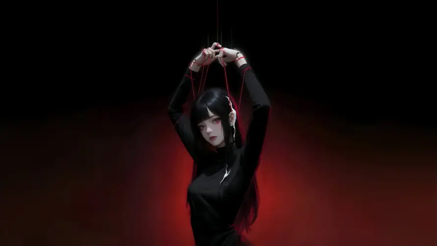 4k吊线壁纸-女性人偶与提线木偶-红色背景「哲风壁纸」