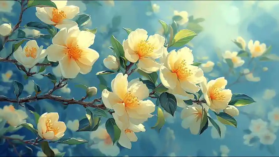 4k枝干壁纸 - 山茶花 - 水墨画 - 黄色花朵「哲风壁纸」 4k枝干壁纸 - 山茶花 - 水墨画 - 黄色花朵「哲风壁纸」