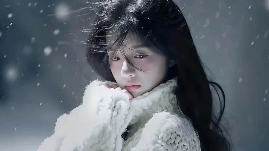 4k下雪壁纸-冬季雪景与毛衣美女-温柔气质「哲风壁纸」