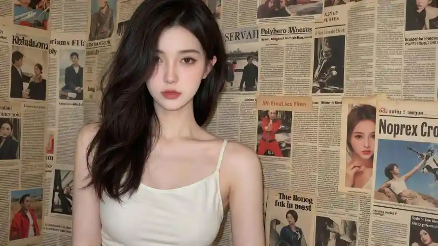 4k长发壁纸-报纸墙壁纸和吊带美女-复古背景「哲风壁纸」